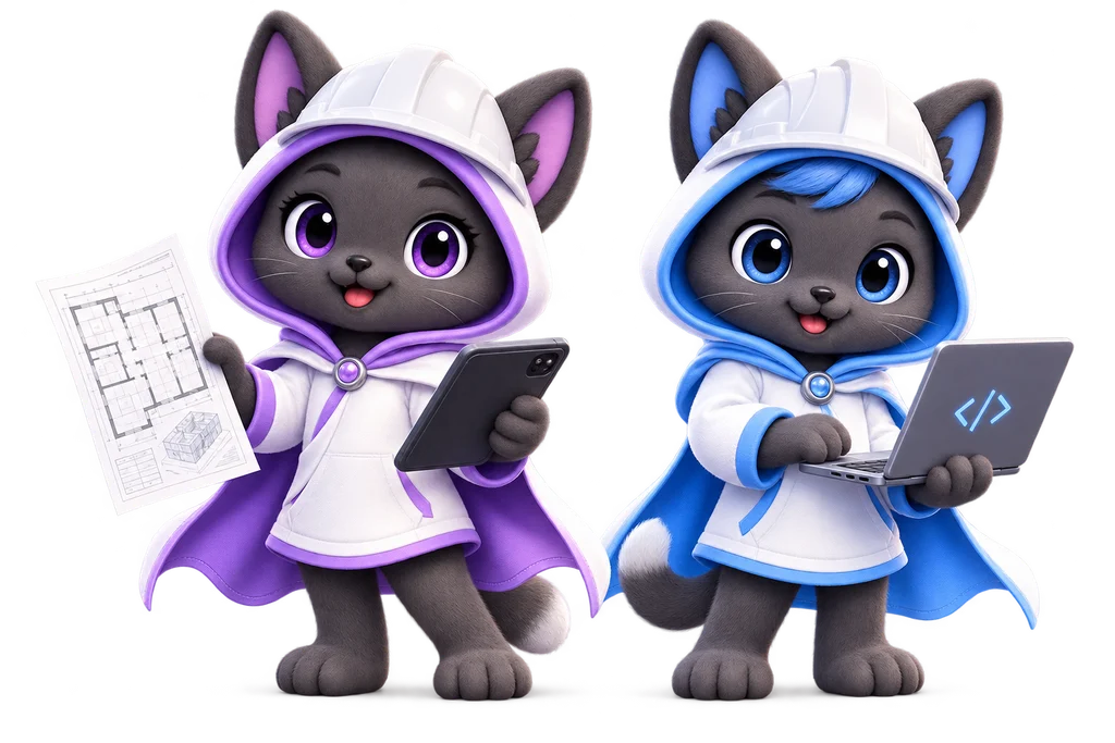 Purple CAD Guardian carries drawings. Blue TSmithCode carries a laptop.
