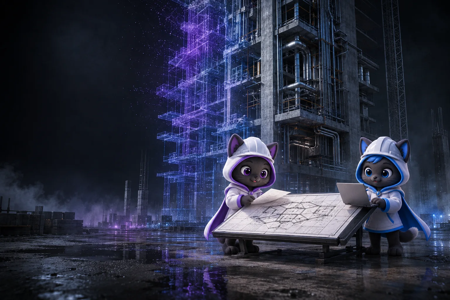 Invented tower transitioning from a point-cloud concept to coordinated building systems, with purple and blue guardians reviewing drawings and code.